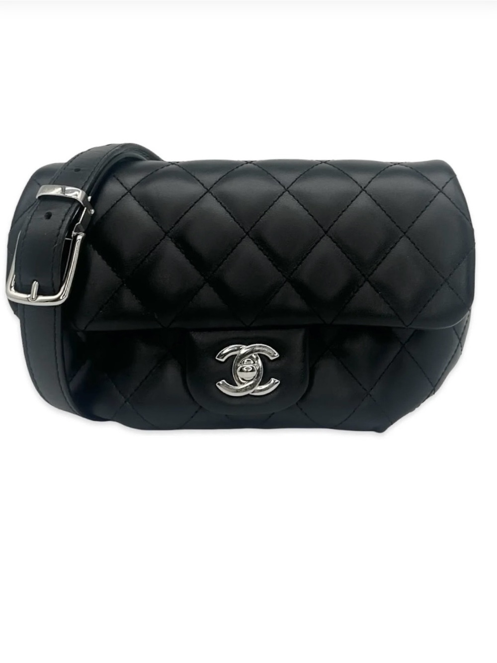 CHANEL Black Quilted Lambskin Crossbody Belt Bag with Silver CC